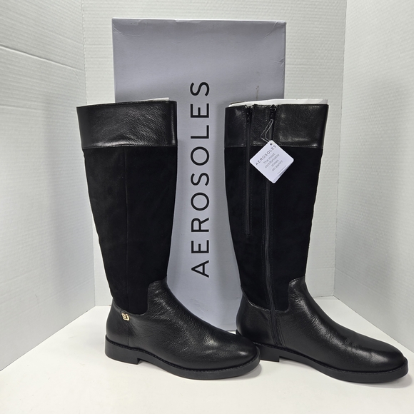 AEROSOLES Shoes - AEROSOLES Taba Black Suede Knee-High Two Zipper Expand Calf Riding Boot Size 7.5